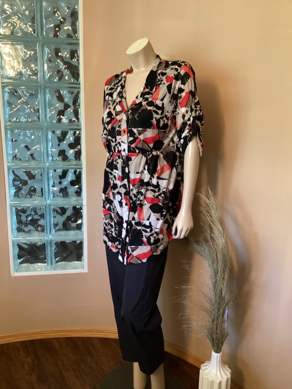 Black and Red Button-Up Blouse